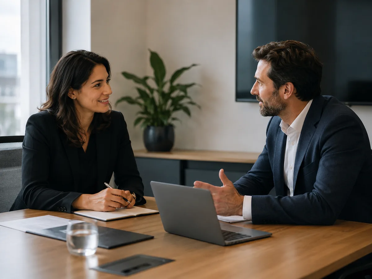 Two professionals in a small boardroom discussing a recruitment brief